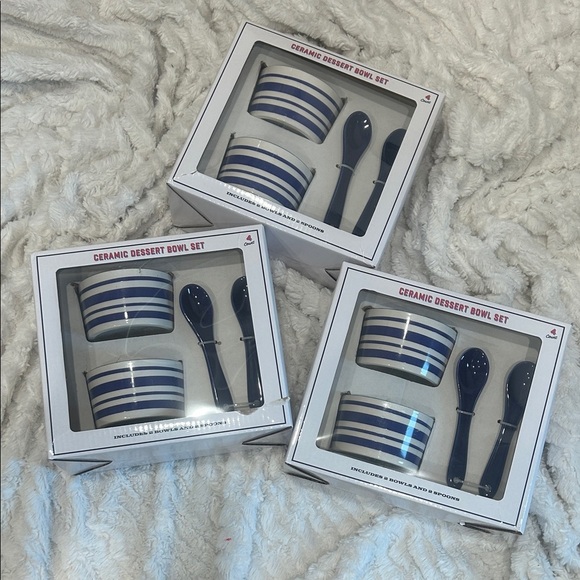 Ceramic Dessert Bowl Set with Spoons Nantucket Blue Stripes New in box - Picture 1 of 4